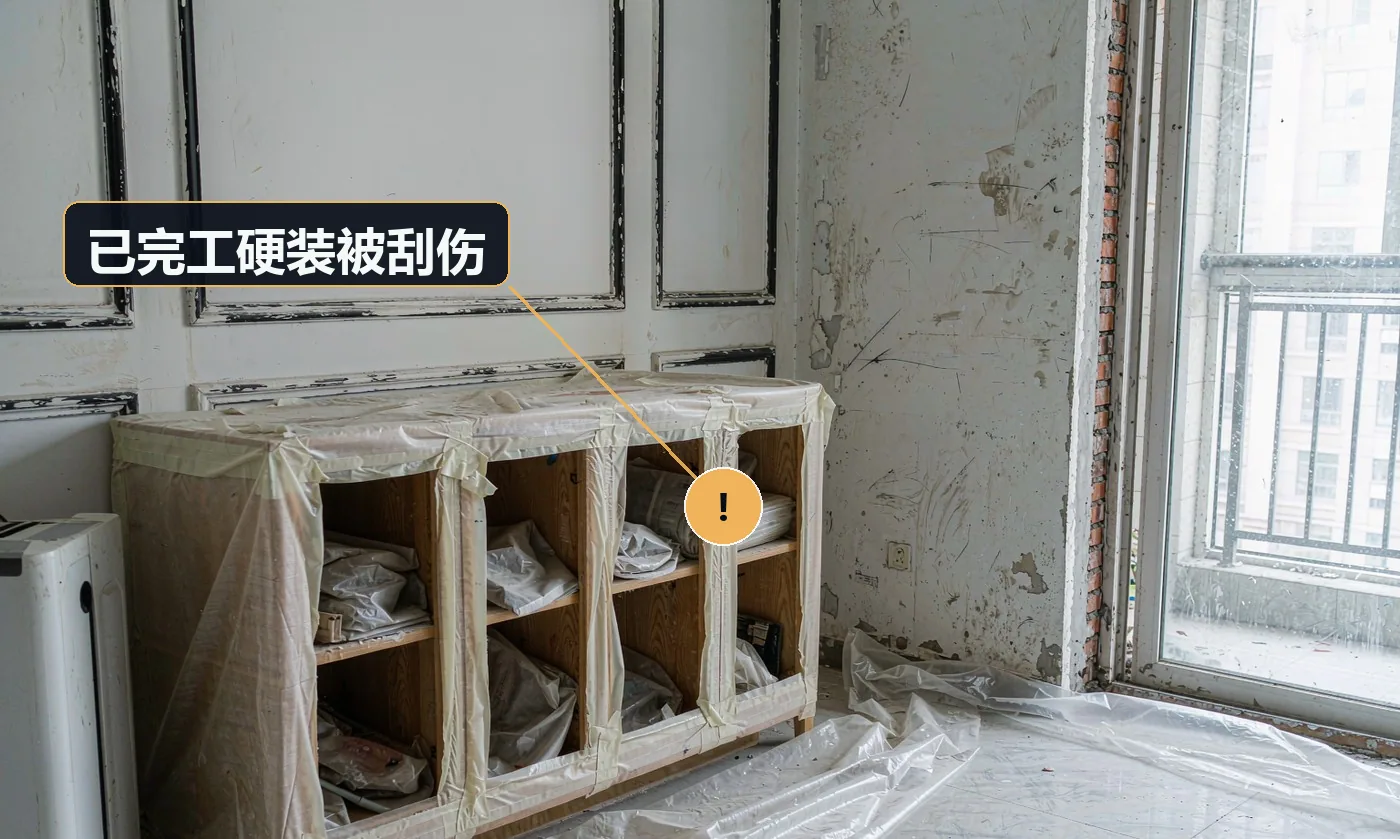 现象:软装进场时把新地板划了、墙面撞出坑。原因:硬装完工后未做保护;软装进场无保护措施;搬运路径未规划
