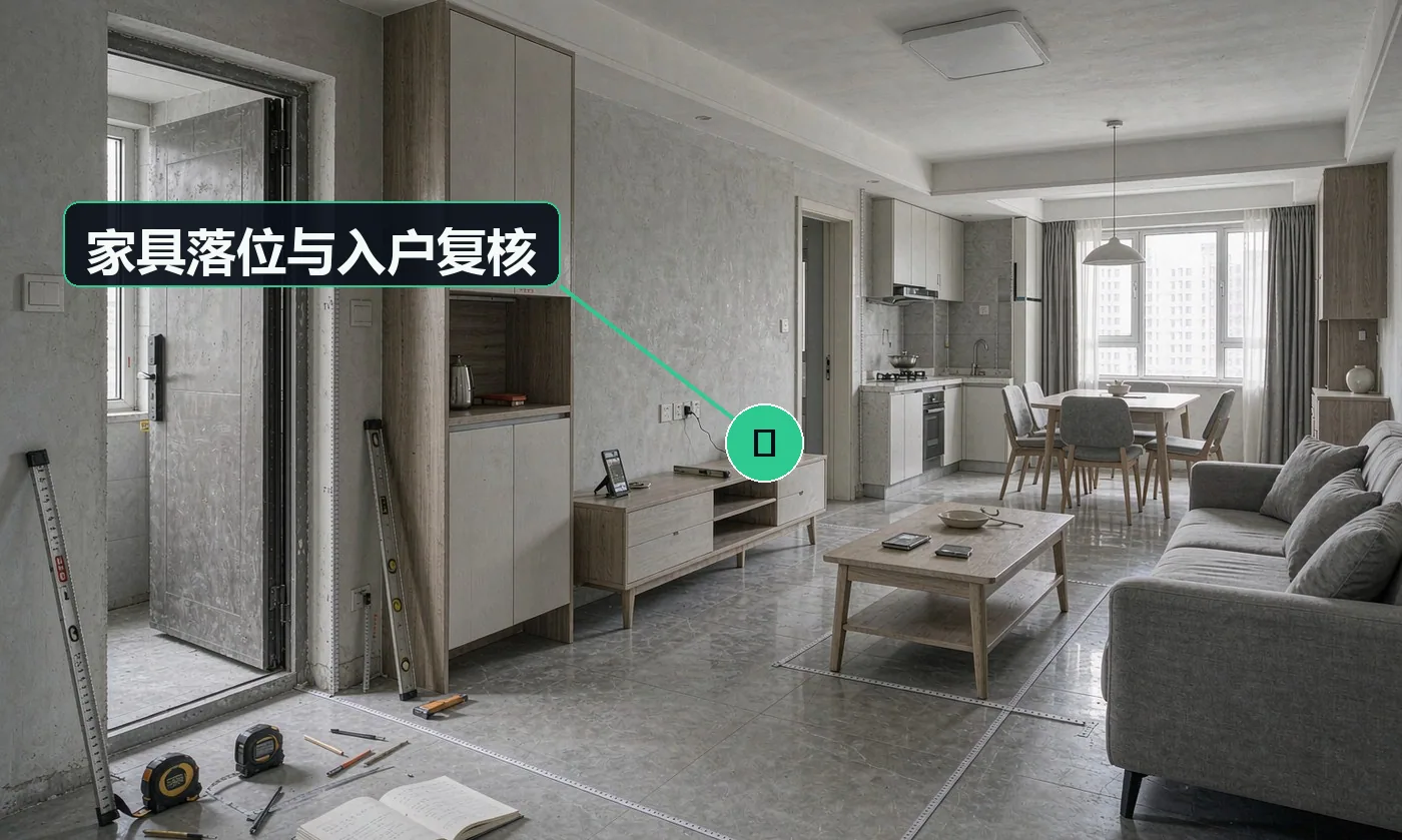 检查方式:下单前复核尺寸、插座避让、入户动线。合格标准:家具到场一次安装到位,无需改造