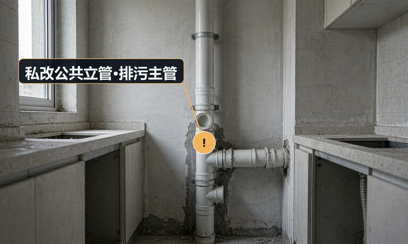现象:改动后楼上排水异常,被物业要求恢复原状。原因:为调整布局擅动公共排水立管或改变管径走向