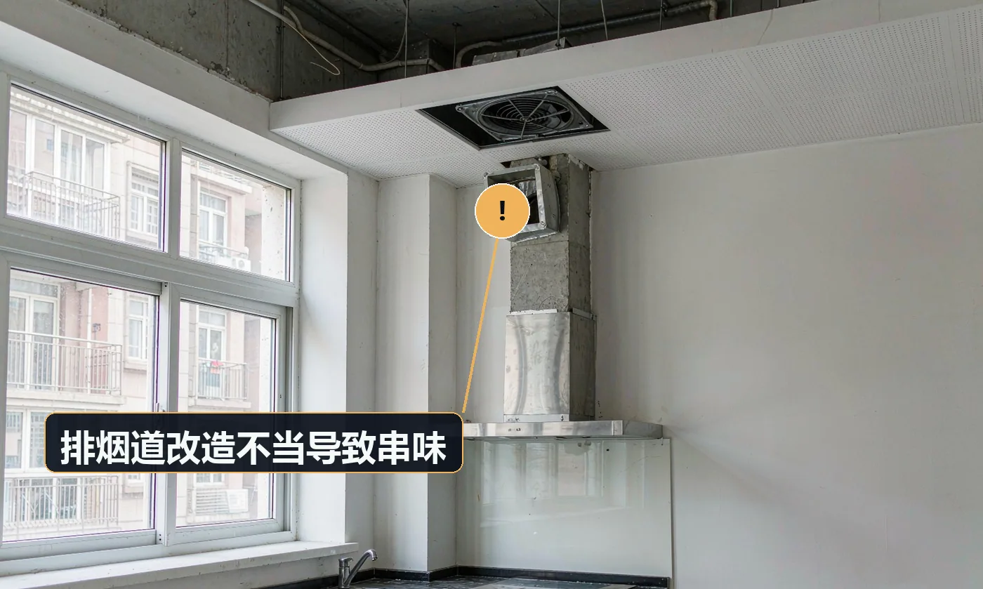 现象:楼下炒菜的味道从烟道或烟机口进来。原因:烟道壁被破坏;未装止逆阀或密封不严;烟管接口未封严