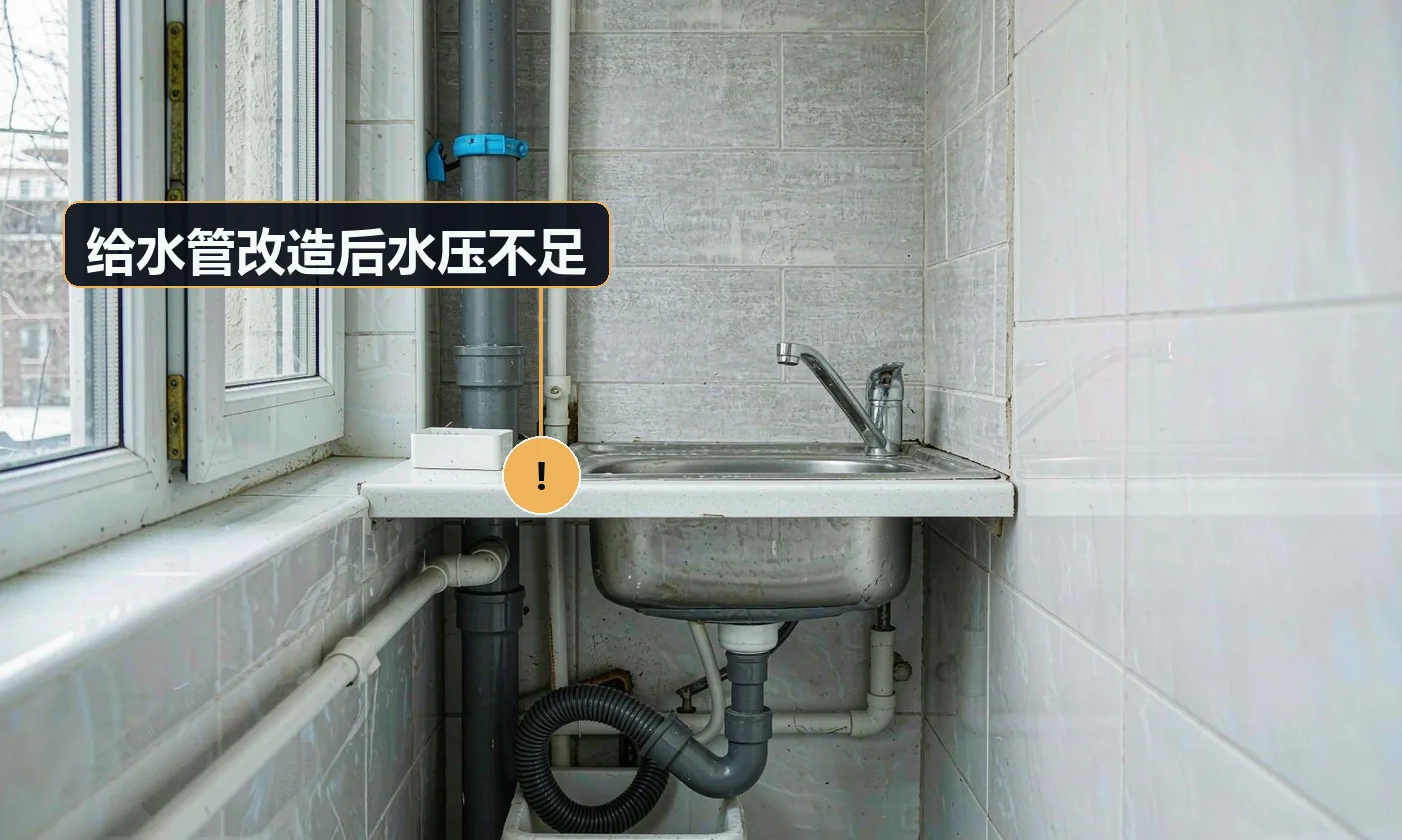 现象:改完后水龙头出水变小,热水器忽冷忽热。原因:管径偏小;转弯过多;使用劣质管件造成缩径;未做试压
