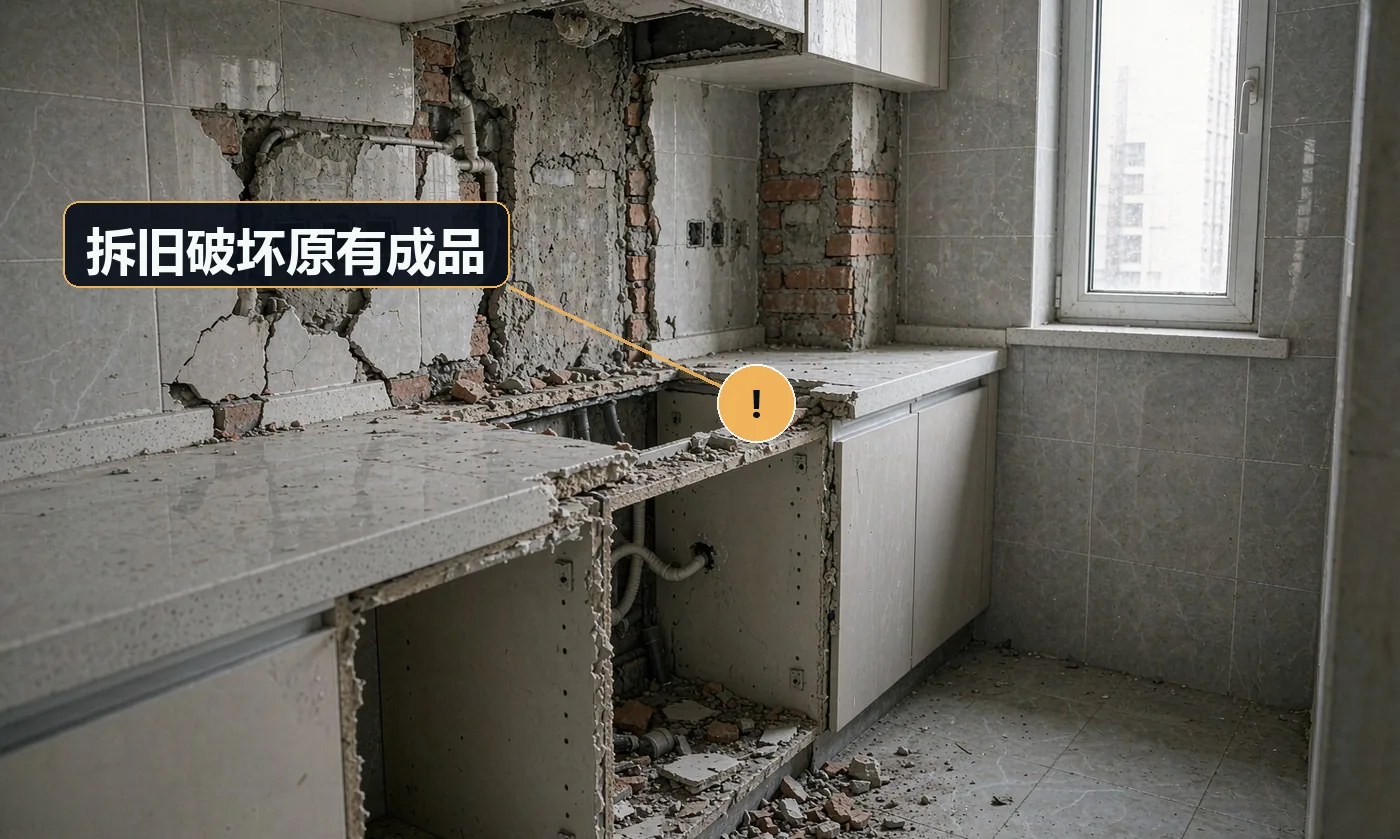现象:拆厨房时把相邻房间的地砖、门套磕坏。原因:未做区域隔离与成品保护;使用大功率破拆工具