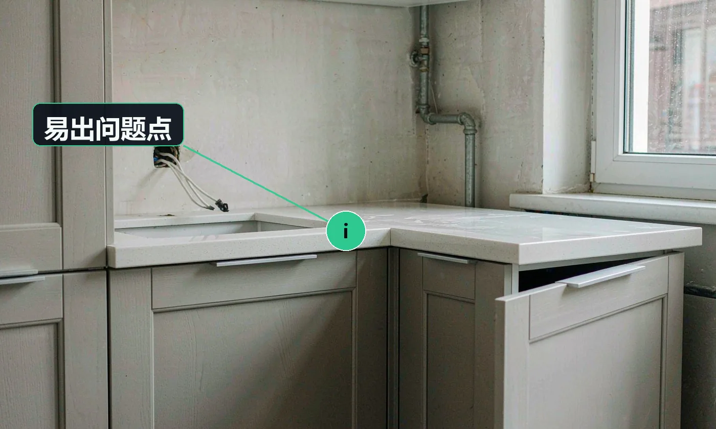 易出问题点:水电位与橱柜错位,装完发现插座被挡住或不够用;燃气管线违规改动,存在安全隐患且无法验收