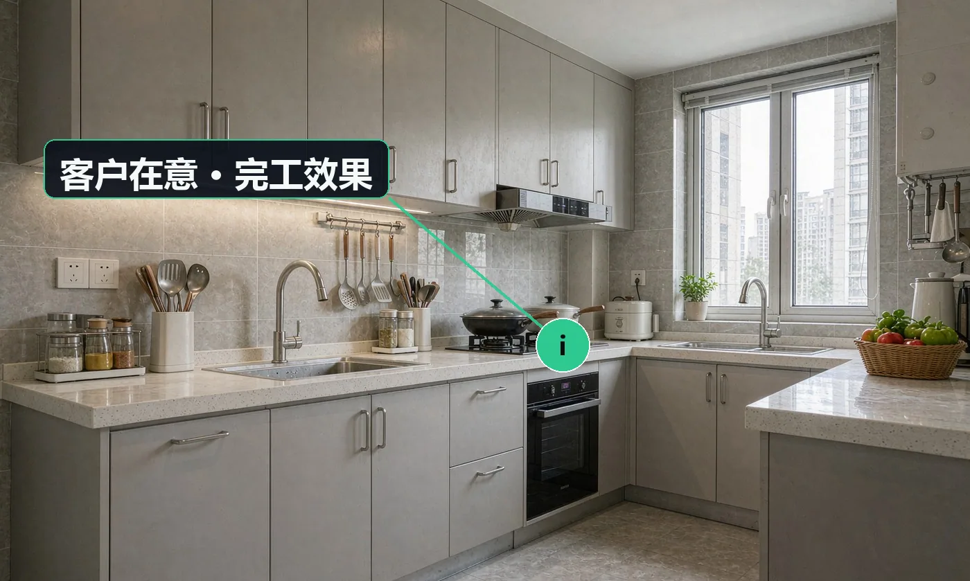 客户在意 · 完工效果:能不能少拆一点、省点钱保住原有橱柜;动线顺不顺,做饭会不会来回绕