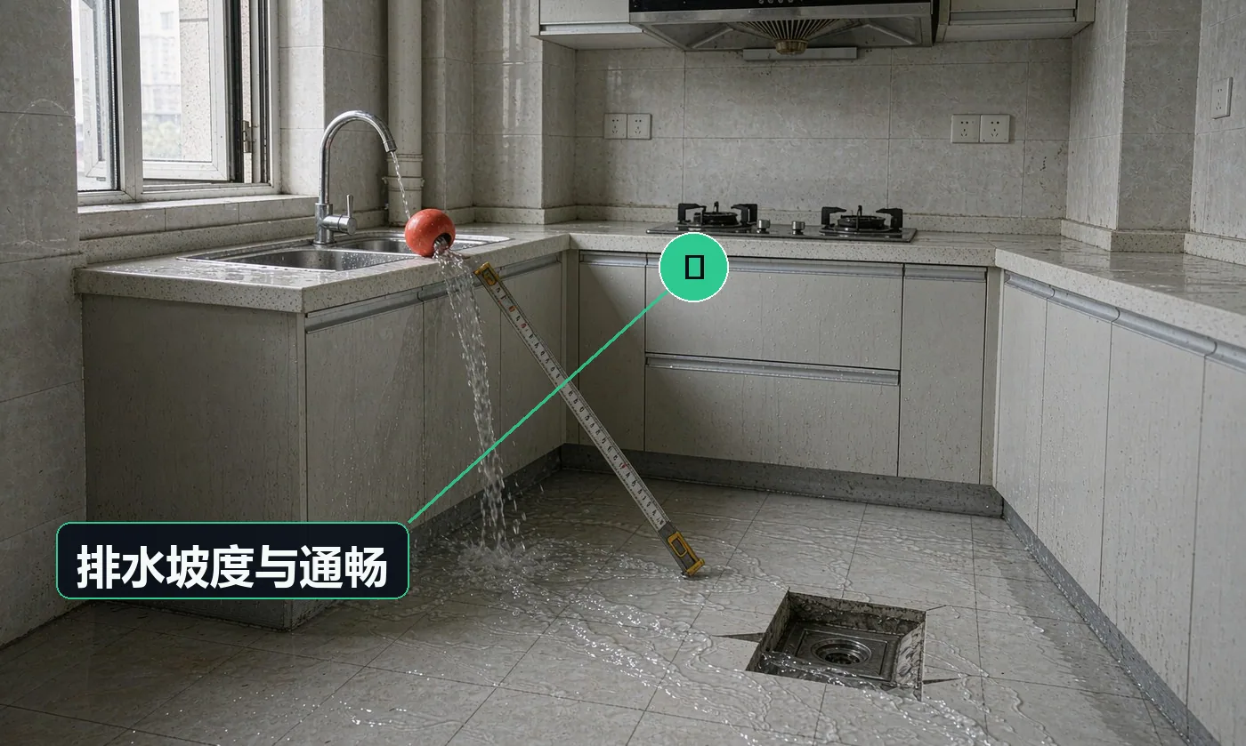 检查方式:坡度尺 + 满水快排 + 通球试验。合格标准:坡度 ≥1% 且顺直;排水顺畅、无返溢、无异物残留