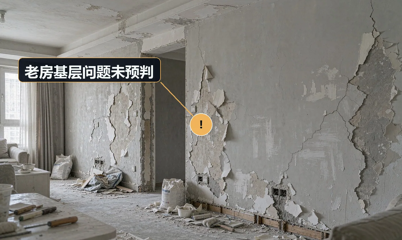现象:进场后发现墙面大面积空鼓、粉化,原有报价完全兜不住。原因:开工前未做基层勘察;按新房标准报价;未在合同中约定「不可预见项」的处理方式