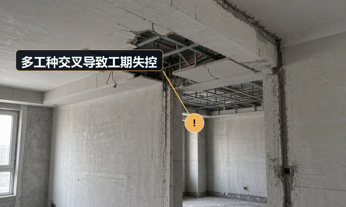 现象:瓦工等木工、木工等油漆,现场互相干扰,工期一拖再拖。原因:无施工进度表;工种进场顺序混乱;材料到场时间与工序不匹配