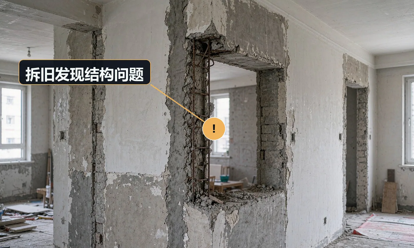 现象:拆开发现是承重结构,方案无法实施,或已误拆。原因:未核对原始结构图纸;施工人员凭经验判断;物业未参与确认