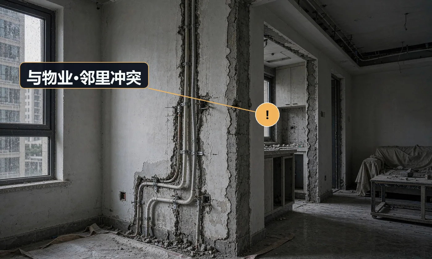 现象:邻居投诉噪音、物业下整改通知,被迫停工。原因:未按物业规定的作业时段施工;未提前告知邻居;未办理装修许可