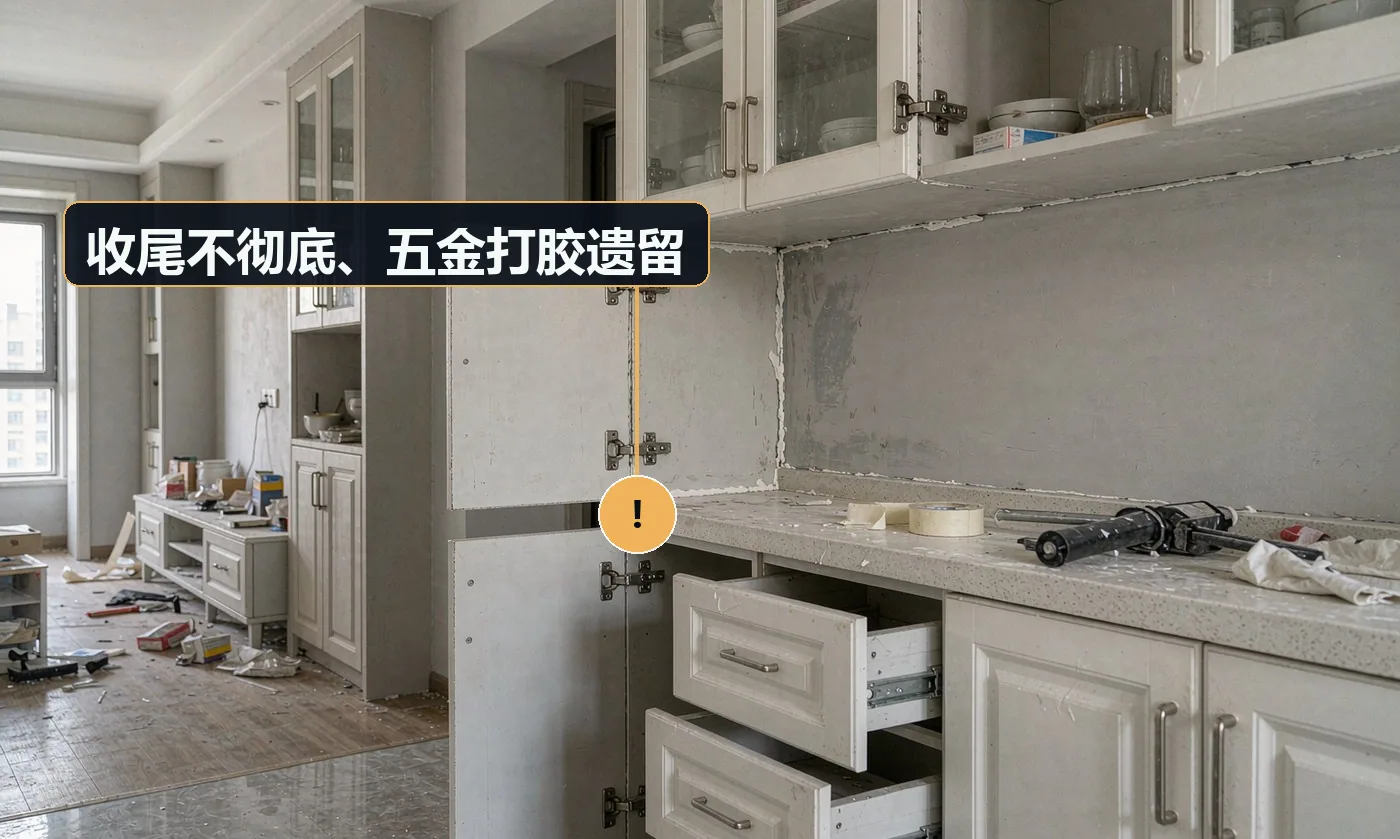 现象:搬进去才发现踢脚线没收口、五金缺件、胶没打完。原因:无收尾检查清单;收尾与撤场同时进行