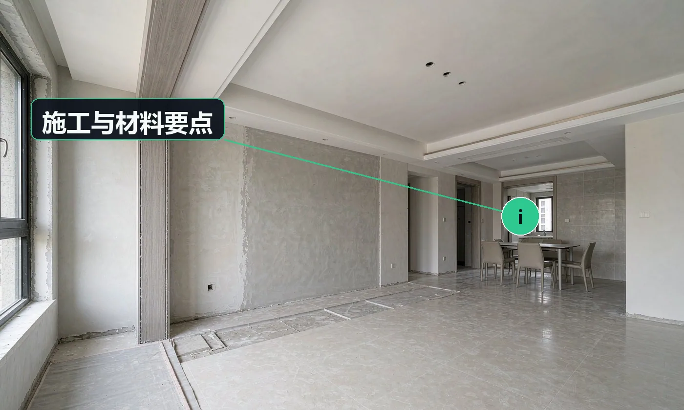 施工与材料要点:客餐厅是家里的「门面」,先定风格与主材,再谈施工顺序;先定「三主材」(地面 / 墙面 / 顶面),其余围绕它们做搭配