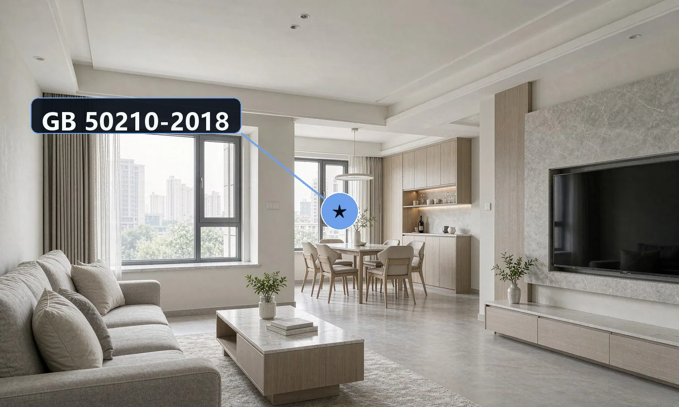 底线规范:GB 50210-2018《建筑装饰装修工程质量验收标准》—— 涂饰、饰面砖、饰面板、吊顶、细部等各分项验收(部分强制性条文已废止,与 GB 55032-2022 不一致时以后者为准);GB 50209-201…