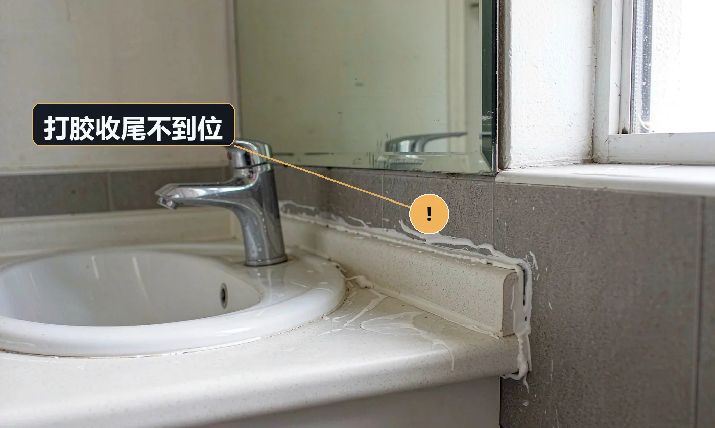 卫生间台盆与墙面交接处打的白色硅胶缝:线条粗细不匀、断断续续、有毛边,旁边还有未清理的胶渍。