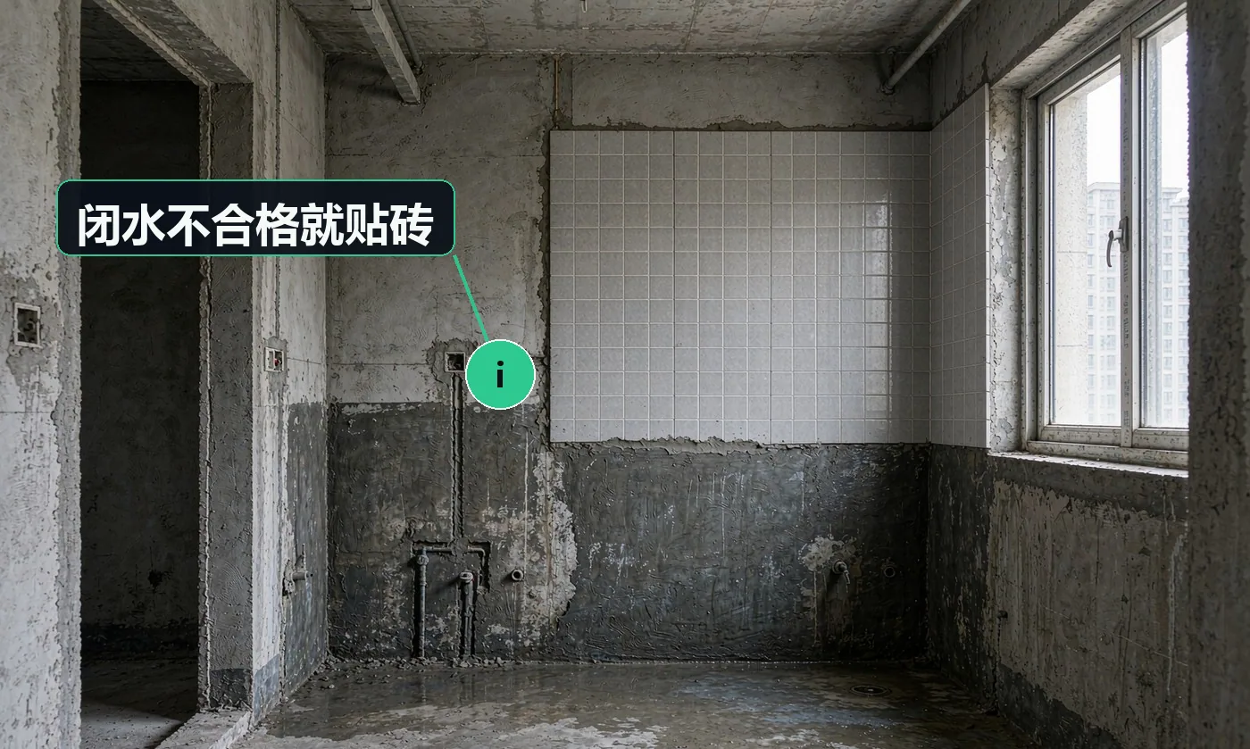 施工中的卫生间:墙砖已经贴到一半,但下半部分基层仍然潮湿发暗、防水层不完整,属于闭水未过就抢贴砖的状态。