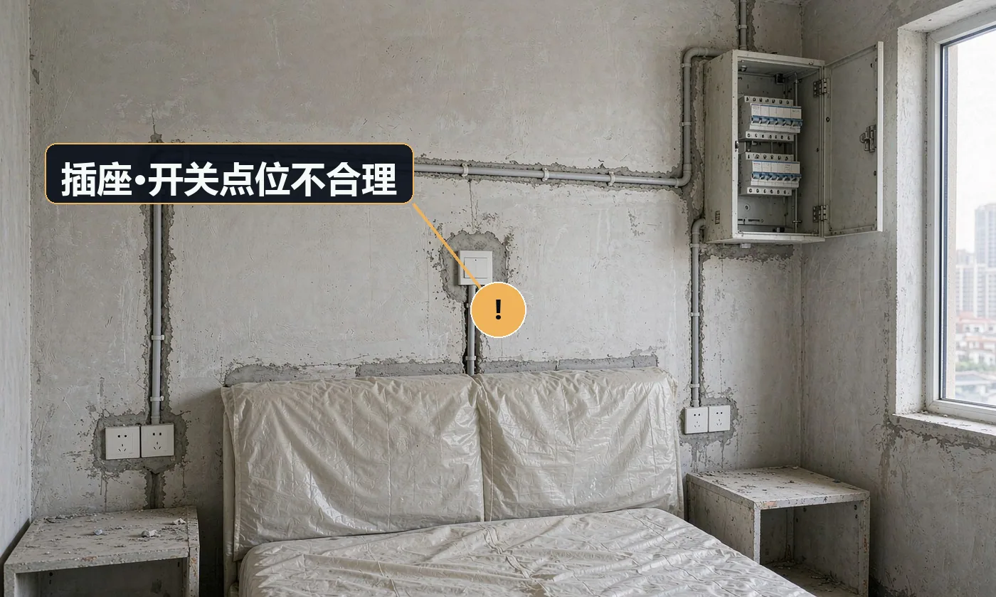 现象:床头没有双控开关,插座被床头柜挡住。原因:点位按经验布置;未按家具尺寸与使用习惯核对