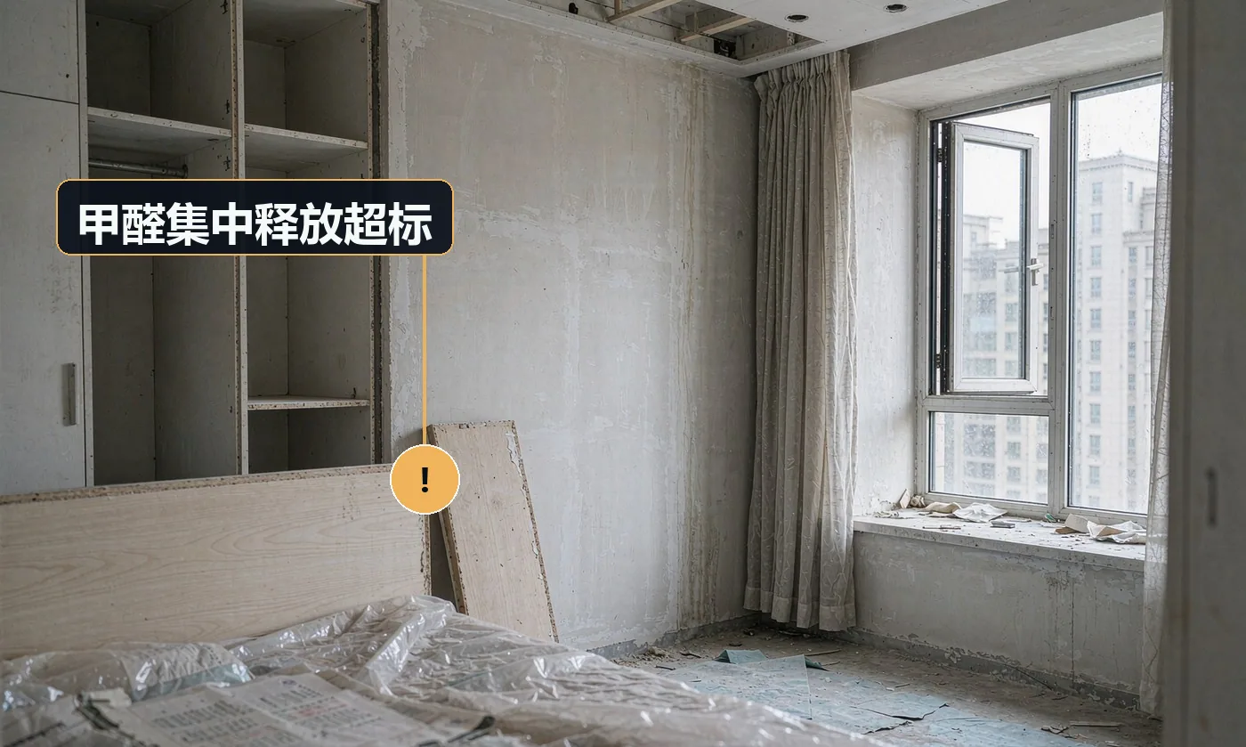 现象:卧室改完气味重,检测甲醛超标,不敢入住。原因:板材、涂料、胶集中使用;卧室空间小承载率高;通风不足;材料环保等级低