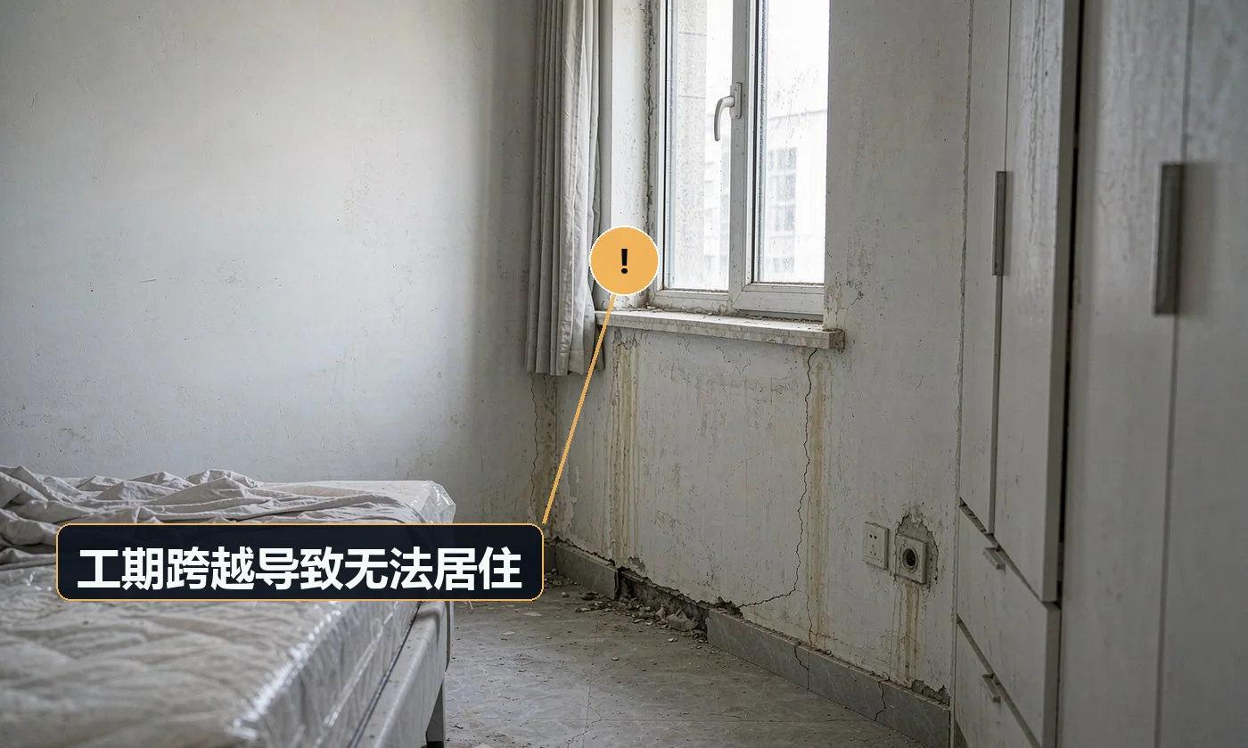 现象:卧室是全屋唯一的房间,施工期间无处可住。原因:未提前规划替代住宿;工期拖延;未集中连续作业