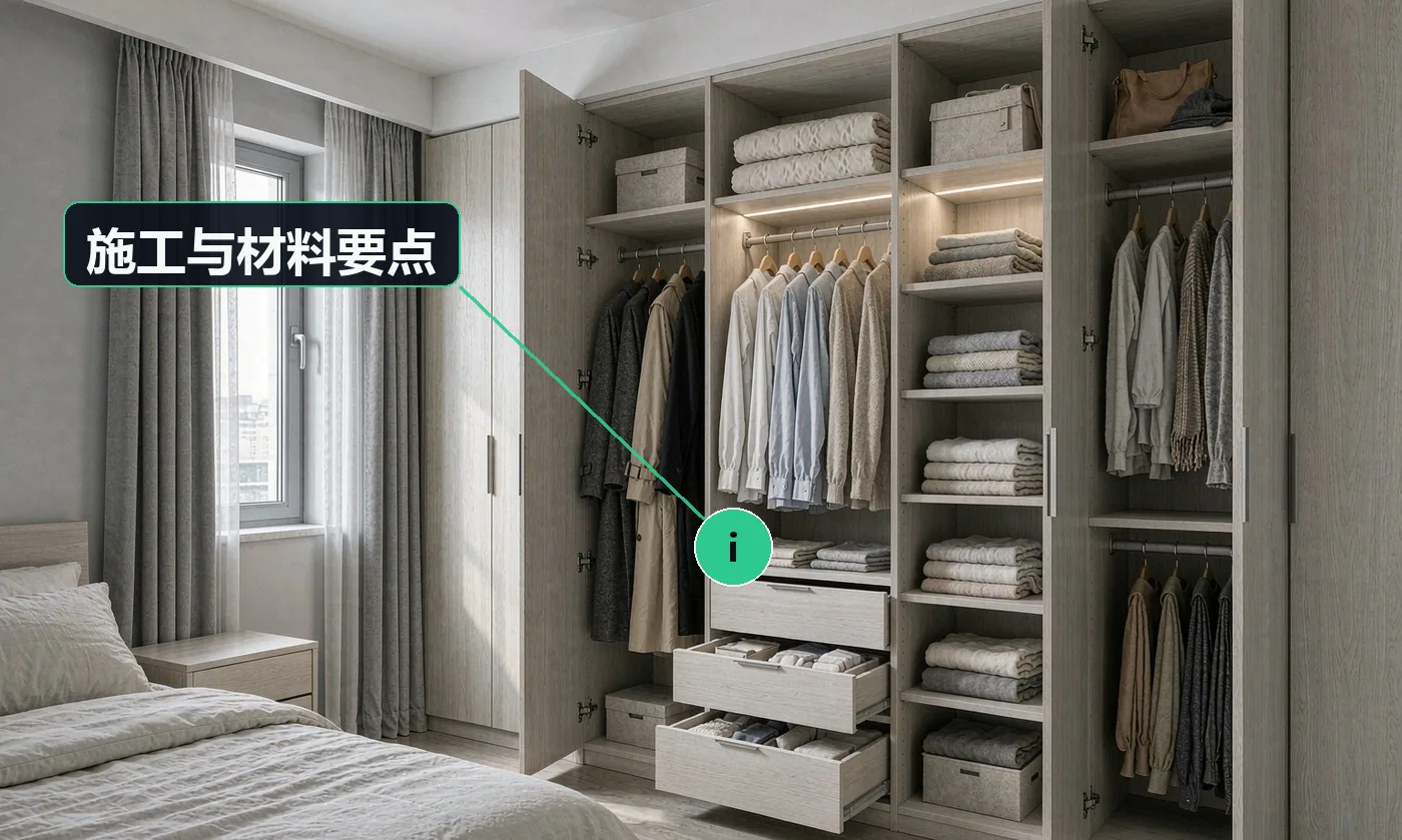 施工与材料要点:卧室的好用标准是「安静 + 收纳」,不是好看;衣柜内部结构要按客户实际衣物配置,别照通用图