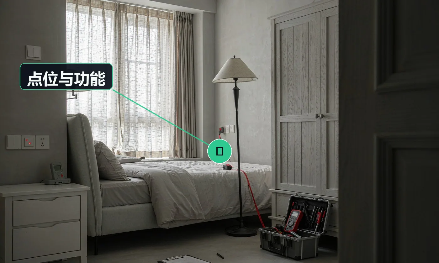 检查方式:逐点通电测试 + 家具尺寸核对。合格标准:插座开关位置合理可用、无双控缺失、无遮挡;网络 / 电视点位正常