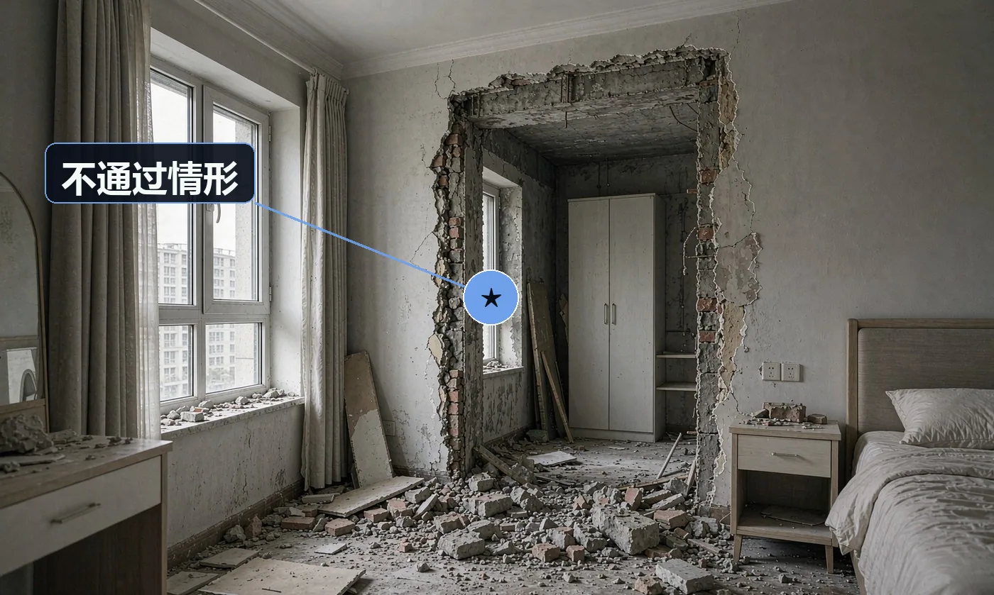 不通过情形:误拆承重结构:立即停工并做安全鉴定与加固,费用由责任方承担(重大红线);隔音未达约定:排查构造并整改,费用由施工方承担