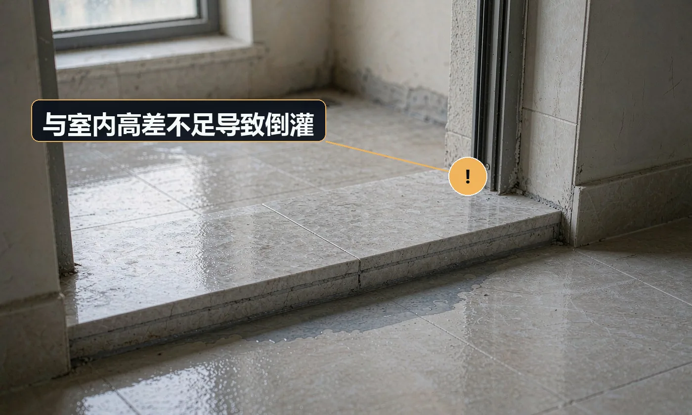 现象:暴雨时阳台水倒灌进客厅,或室内水倒流到阳台。原因:阳台完成面与室内高差不足;未设挡水门槛;排水能力不足