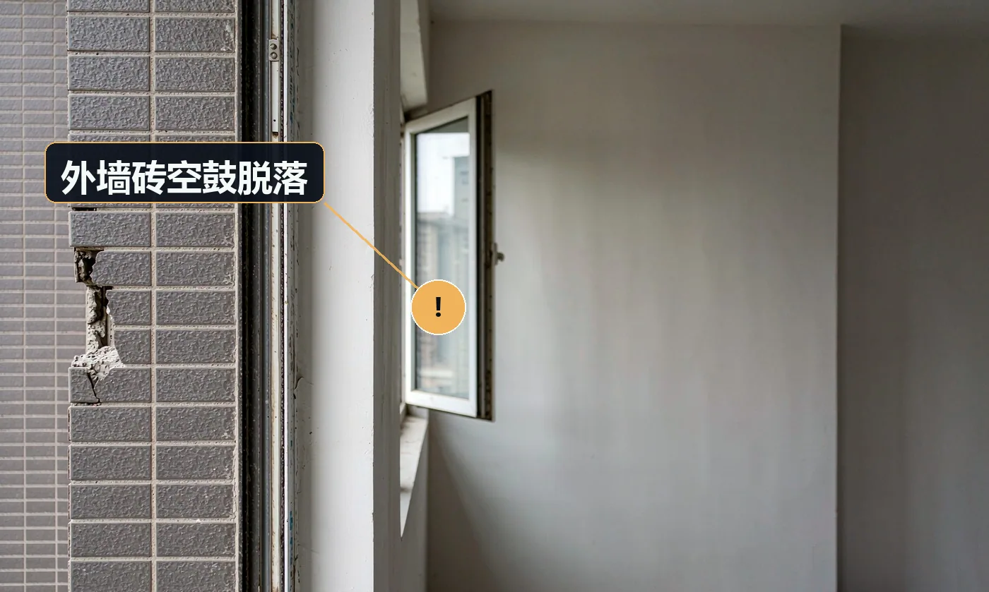 现象:改造后一段时间外墙砖空鼓,甚至脱落。原因:基层未处理;使用普通水泥砂浆贴大砖;未用瓷砖胶与背胶;未做拉拔测试