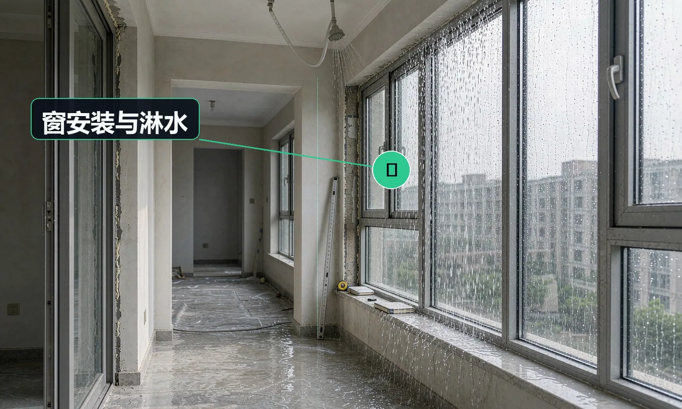 检查方式:淋水试验(≥15 分钟)+ 垂直度检查。合格标准:无渗漏;缝隙已填保温并打胶;窗台有向外坡度与滴水线