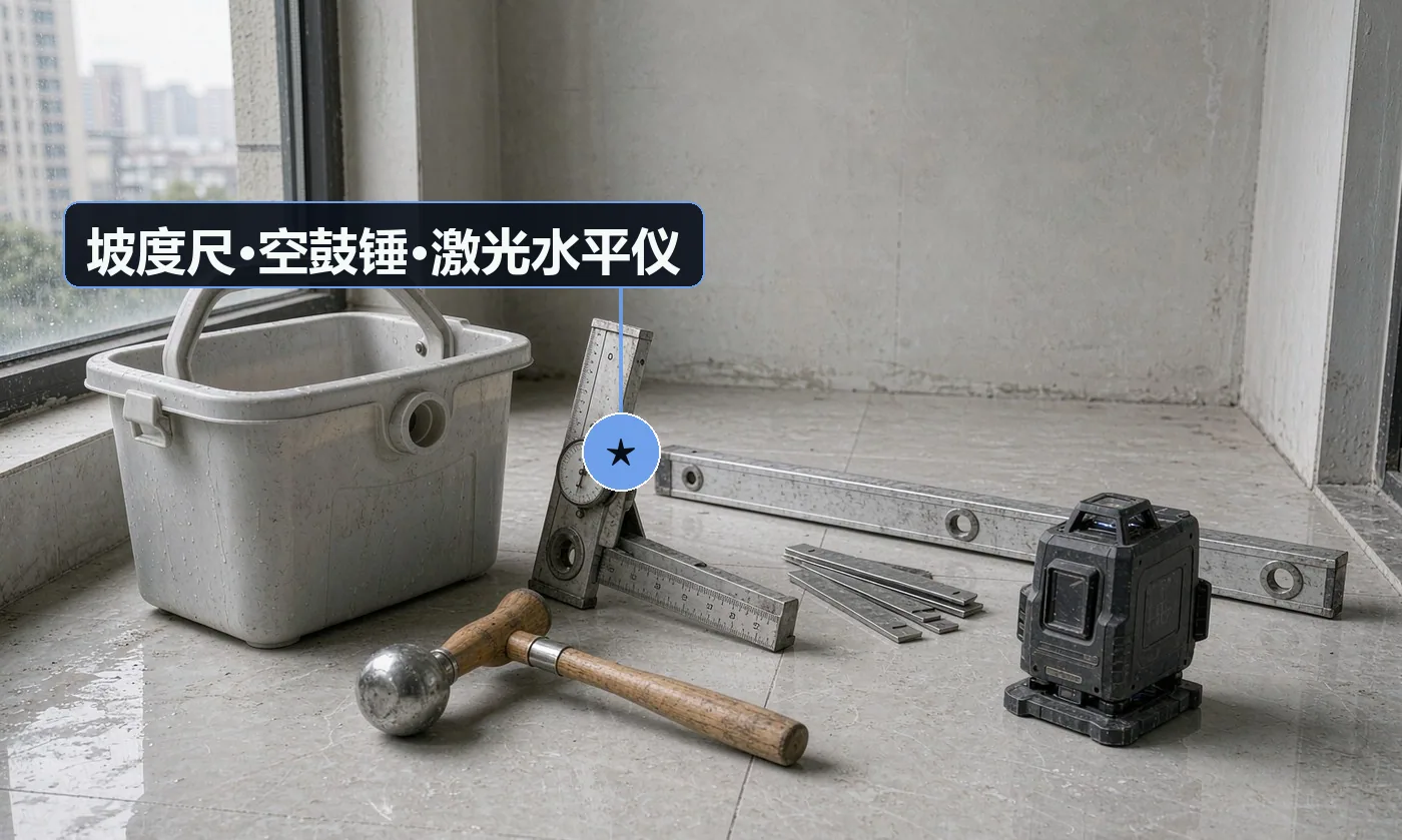 验收工具:闭水试验蓄水工具;坡度尺