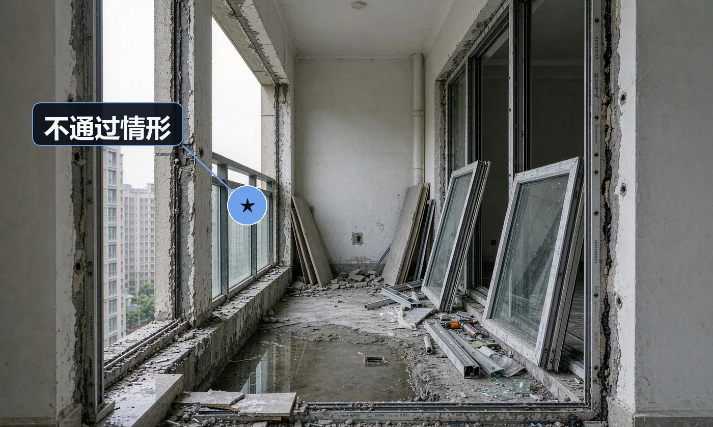 不通过情形:未报批违规封阳台:立即停工并按物业要求整改,费用由施工方承担(红线);闭水试验不合格仍继续施工:整体返工,费用与工期损失由施工方承担